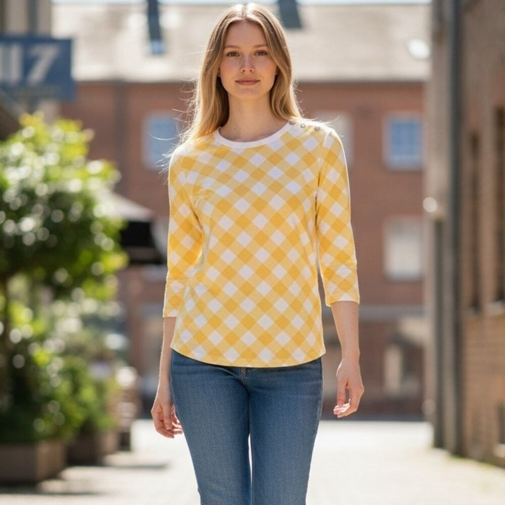 Bob Mackie Gingham Plaid Check Yellow & White Coastal Grandma Knit Shirt